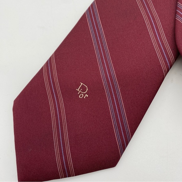 Christian Dior Vintage Embroidered Logo Tie Striped Burgundy Navy Ivy League Men - Picture 3 of 4